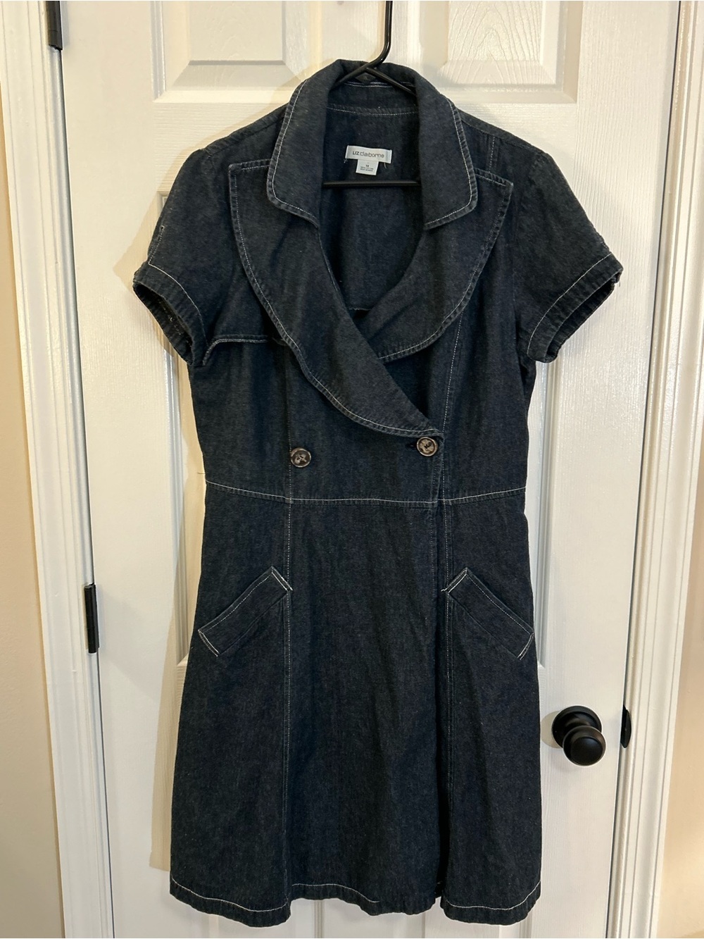 Liz Claiborne Denim Shirt Dress Size 14 Cotton Blue Button Front Pockets